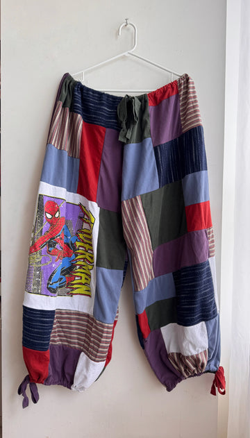Upcycled Spider-Man patchwork pants